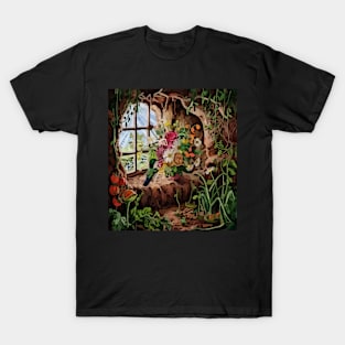 watercolor hummingbird with garden and mixed flowers T-Shirt